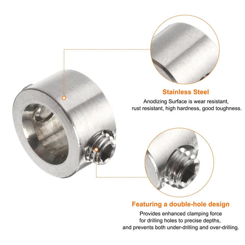 Two Piece 9mm Drill Stop Collar Set For Precise Depth Control, Adjustable Stainless Steel Drilling Limit Ring With Hex Wrench, Anodized Silver Finish, Fits 9mm Drill Bits, Durable Positioner For Consistent Holes. Stainless steel drill stop collar with double-hole clamp detail
