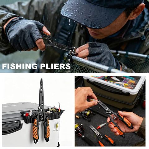 Collage of Fillet Knife Set For Beginners With 9 Piece All In One Fishing Tool Kit including precision pliers