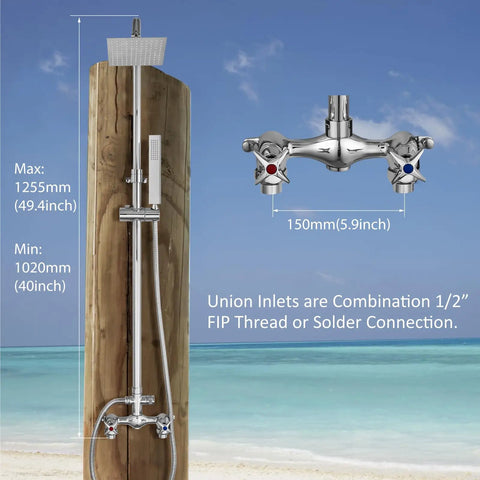Wall Mount Outdoor Shower Kit with Handheld Spray, Chrome Finish, Double Handle Exposed Shower Valve, Beach Background