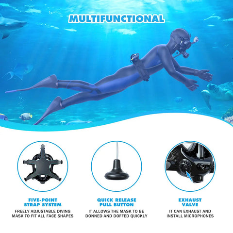 Diver using full face diving mask with camera mount for S400, S400 Plus, S400 Pro, S700 scuba tanks, underwater exploration.