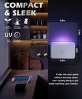 No Nonsense Plug In Fruit Fly Trap For Indoor Spaces Featuring Dual Wavelength Bulbs Paired With Eleven Sticky Refill Pads, compact design, UV light, dimensions shown.