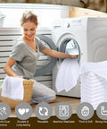 Woman using 200 Pack Cotton Terry Cleaning Cloths 14 by 18 Inches White Bulk Multipurpose Shop Towels in laundry room