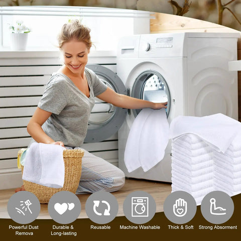 Woman using 200 Pack Cotton Terry Cleaning Cloths 14 by 18 Inches White Bulk Multipurpose Shop Towels in laundry room