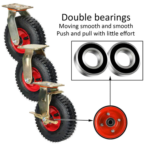 Heavy Duty Air Filled Caster Wheels With Swivel Brakes And Fixed Mounts, showcasing double bearing design for smooth movement.