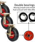 Heavy Duty Industrial Caster Wheels With Brakes 8 Inch Air Filled Rubber Tires Shock Absorbing Silent Glide close-up of double bearings and red wheels.