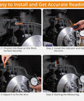 High-Precision 0 To 1 Inch Dial Indicator With 0.001 Inch Readout, 13.5 Inch Flexible Arm, 176 Lbs Magnetic Base shown in automotive setup.