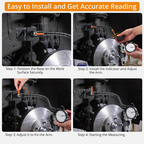 High-Precision 0 To 1 Inch Dial Indicator With 0.001 Inch Readout, 13.5 Inch Flexible Arm, 176 Lbs Magnetic Base shown in automotive setup.