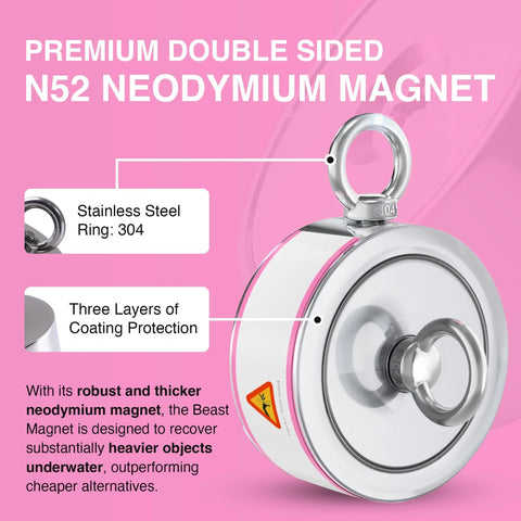 Double-sided neodymium fishing magnet with lifting ring and stainless steel 304 ring; three-layer protective coating, 2000 lb pull