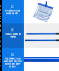 Product details of Three Sets Metal Manure Fork With Long Handle Pitch Fork Muck Rake For Gardening Horse Stall Stable Cleanup And Farm Work Heavy Duty 15 By 11 Inch Head Blue, showing ABS head, metal handle, anti-rust coating.