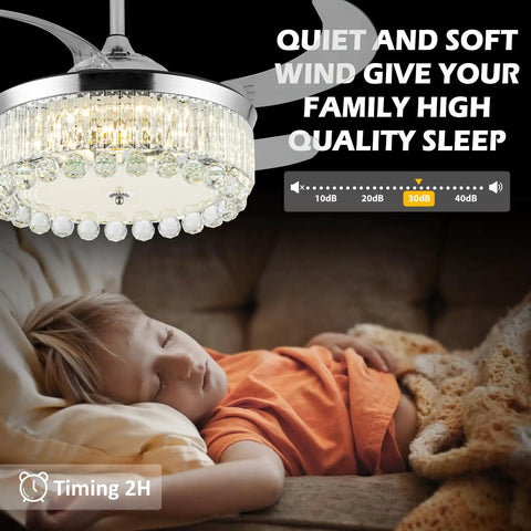 Child sleeping under 42 Inch Reversible Crystal Ceiling Fan With Lights And Remote Control, chandelier style, quiet operation.