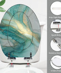 Elongated Resin Toilet Seat for Bathroom with blue and gold marble design, features stainless steel hinge and grip-tight bumpers.