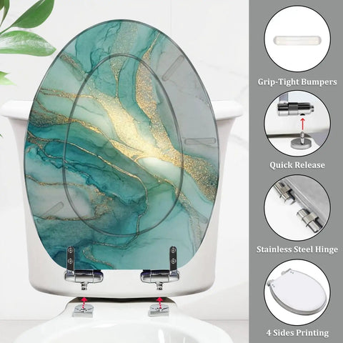Elongated Resin Toilet Seat for Bathroom with blue and gold marble design, features stainless steel hinge and grip-tight bumpers.