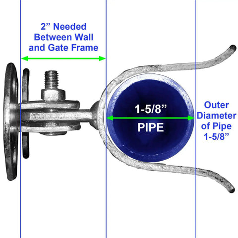Hella Sturdy Galvanized Wall Mount Fork Gate Latch Fits 1 7 8 Inch Chain Frames detailed view with measurements and installation guidance.
