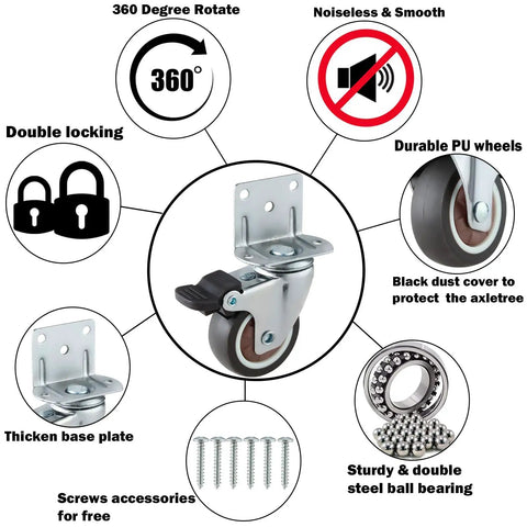 Diagram of 1.5 Inch Side Mount Caster Wheels Set Of 12 With Locking Swivel, L Shaped Rubber Casters, showing features and components.