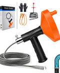 Heavy Duty Drain Snake Auger With Slick Flex Steel Cable For Knocking Out Stubborn Hair And Sink Clogs In Bathroom Or Shower Includes Grippy Work Gloves For A No Sweat Cleanup Fix Bright Orange display with cables and tools.