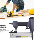 Heavy Duty Pneumatic Brad Nailer Built For Low Air Draw And Zero Jamming Issues For Breakneck Nailing Speed On Woodworking and Home Reno Projects You Will Love shown inline with woodworking tools.