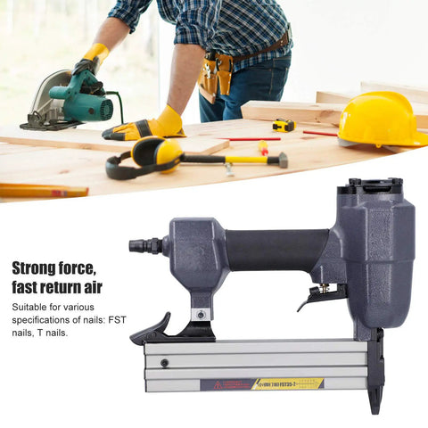 Heavy Duty Pneumatic Brad Nailer Built For Low Air Draw And Zero Jamming Issues For Breakneck Nailing Speed On Woodworking and Home Reno Projects You Will Love shown inline with woodworking tools.