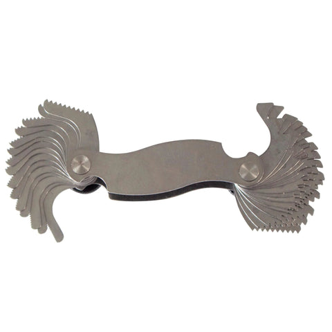 Front view of Unipec screw pitch gauge, 30-leaf, 4–42 TPI, English-thread steel measuring tool, dual-ended.
