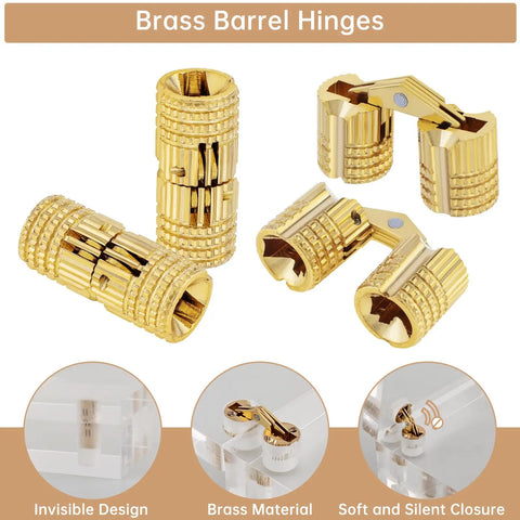 Hidden Brass Barrel Hinges Set With Drill Bit For Wooden Boxes, 16 Piece Kit Includes 8mm And 10mm Hidden Hinges, displayed