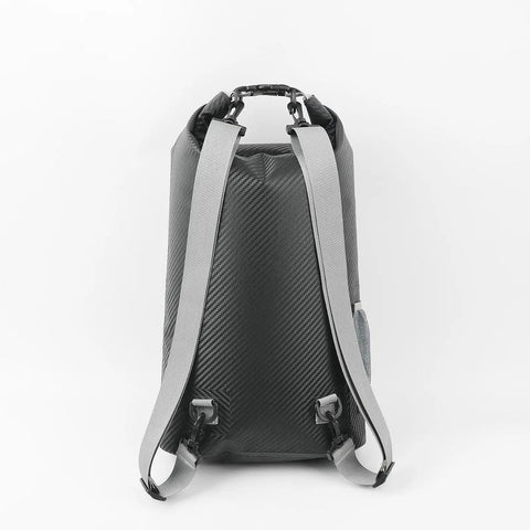Back view of Waterproof Paddling Backpack With Wide Opening, Lightweight 20L Gear Carrier, grey straps, black textured material