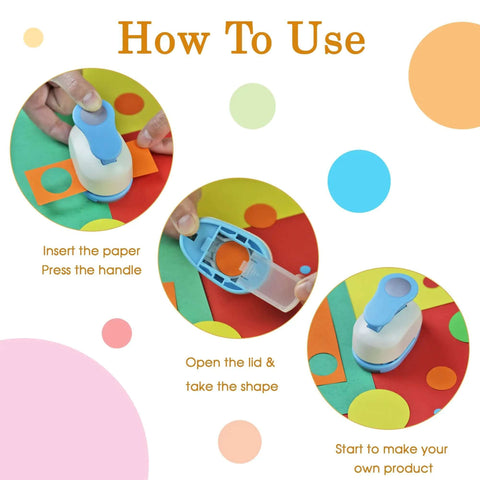 Five Size Circle Paper Punch Set usage with hands showing insertion, mechanism, and finished punch for crafting projects.