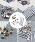 Heavy Duty Furniture Connector Kit With Cam Bolts, Nuts, And Dowels, 24 Piece Silver Iron And Aluminum Fasteners Displayed