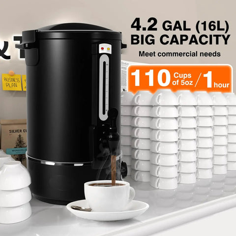 Heavy Duty Commercial Coffee Urn With 110 Cup Capacity 12L Stainless Steel Beverage Dispenser For Weddings Parties And Catering Fast Brew Heating Double Wall Black Finish Easy Cleaning next to stacked white cups and saucers.