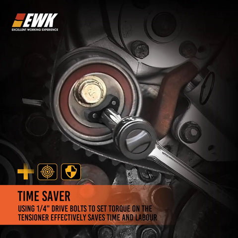 Cam Timing Belt Tensioner Removal Tool and Tension Pulley Wrench for Mitsubishi and Hyundai installed on engine tensioner bolt