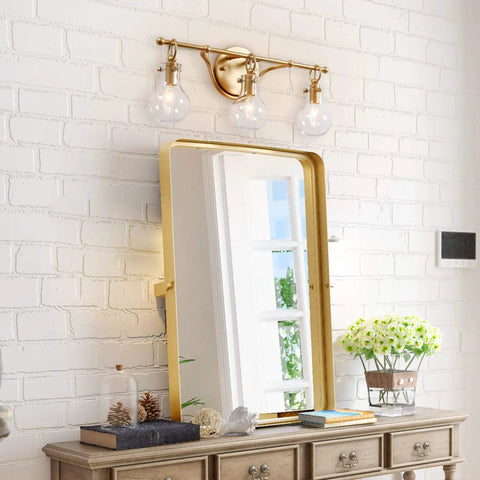 Brushed Gold Vanity Light Fixture With Three Clear Glass Globes Over Mirror, Damp Rated Bathroom Bar Light, 20 Inch Long