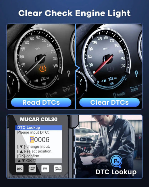 Dashboard showing OBD2 scanner check engine light with CDL20 Universal OBD2 Scanner Check Engine Car Code Reader details