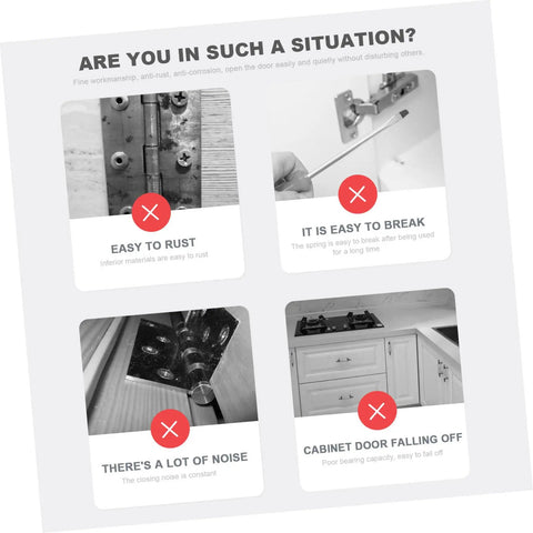 Common hinge problems such as rust, breakage, noise, and door sagging are highlighted in a comparison chart.