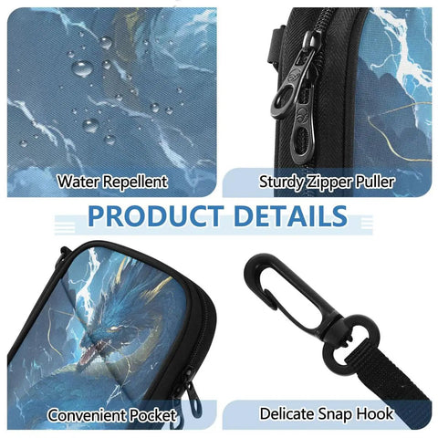 Dragon Blue Boat Passport Holder Family Passport Wallet with RFID Blocking Lining detailing water repellent surface, zipper pull, and snap hook.