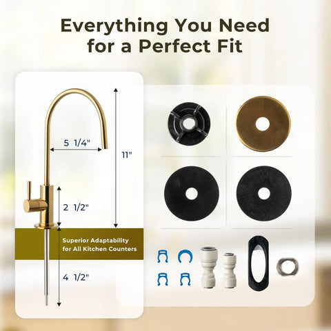 iSpring GA1-G Drinking Water Faucet, Brushed Gold, Lead-Free Brass with fittings and dimensions for easy installation.