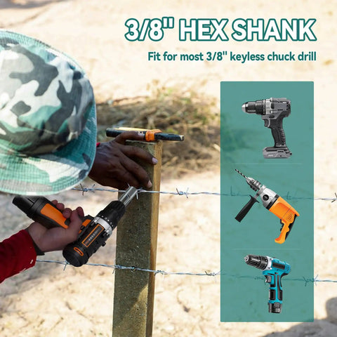 Person using Twist Ties Drill Chuck Tool For 9 And 11 Gauge Fence Ties Compatible With 3 8 Inch Power Drills Wire Twister