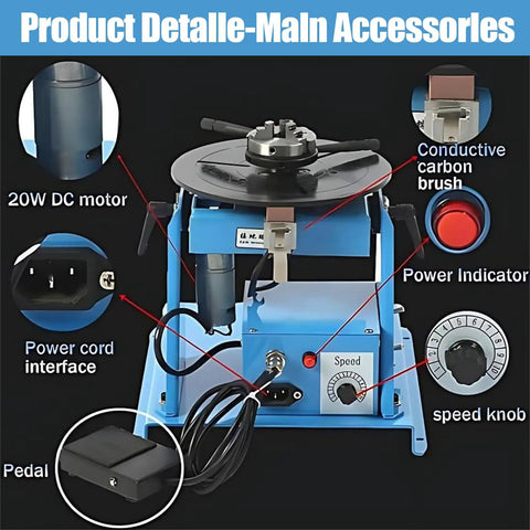 Smooth Sailing Rotary Welding Positioner 10kg With Snappy 0 To 90 Degrees Tilting and a Tough 180 Mm Turntable Plate showing components like 20W DC motor and pedal.