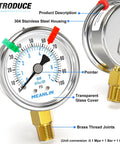 Rugged Stainless Steel Dry Pressure Gauge 0 To 100 Psi With A Two Inch Dial One Quarter Inch NPT Lower Mount Waterproof For Well Pumps Tires And Water Pressure Testing Includes Two Snaps, showing dial and brass joint details.
