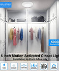 Motion Activated LED Closet Light With Hardwired Installation, Crisp 5000K Daylight Ceiling Light in a walk-in closet setting.