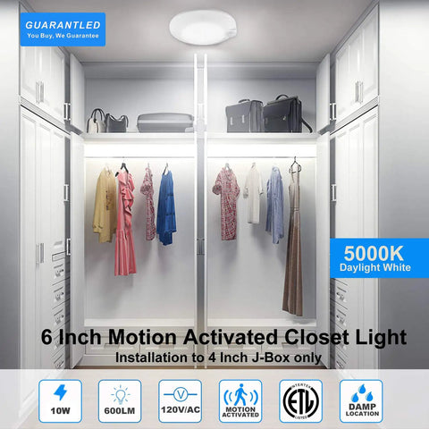 Motion Activated LED Closet Light With Hardwired Installation, Crisp 5000K Daylight Ceiling Light in a walk-in closet setting.