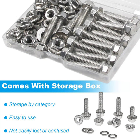 15 Set 1/4-20 X 1-1/4 Inch Flanged Hex Head Bolt And Nut Kit Built Tough With Genuine 304 Stainless Steel in storage box.