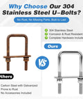 Heavy Duty M12 U Bolts Kit 2-1/16 in Wide by 4-1/2 in Long Stainless Marine Grade 304 U Bolts for Boat Dock Pipe Small Trailer and DIY Woodworking Hardware showing 304 stainless U-bolt vs rusted steel