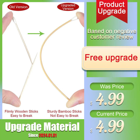 Comparison of old flimsy wooden stick and upgraded sturdy bamboo stick with price and customer review details.