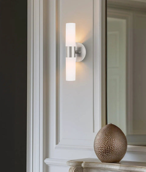 Modern 14 Inch Two Light Wall Sconce In Brushed Nickel Finish With Frosted Glass Cylinder Shades, Sleek Linear Silver Bath Light