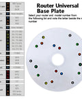 Clear Universal Router Sub Base Plate With Centering Pin And Mounting Screws For Trim Routers. Router compatibility chart on clear plate.