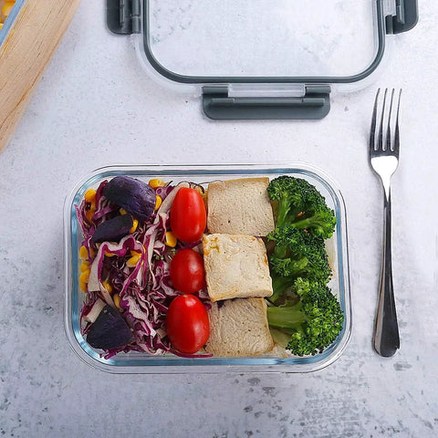 Glass meal prep container with airtight lid, filled with vegetables and tofu. 10 Pack Glass Meal Prep Containers With Lids Airtight Snap Locking Lids Clear Borosilicate Storage Bowls For Microwave Oven Freezer And Dishwasher Safe Lunches And Meal Prep.