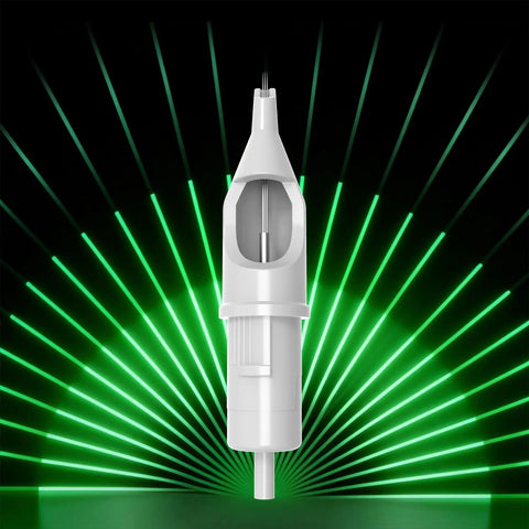 Gen C Round Liner Tattoo Cartridges Featuring Legit Medical Grade Stainless Steel And Slick Silicone Bodies For Clean Smooth Setup And Pro Shop Ready EO Sterile Protection against a green laser background.