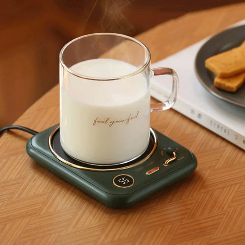 Smart Home Cup Warmer Heating Plate With Smart Temp Control Keeps Your Daily Sips Locked And Toasty Auto Shutoff Safety Feature 25 Watt Energy Savers Green Coaster Drink Heater For Coffee And Milk Tea with steaming cup of milk on desk