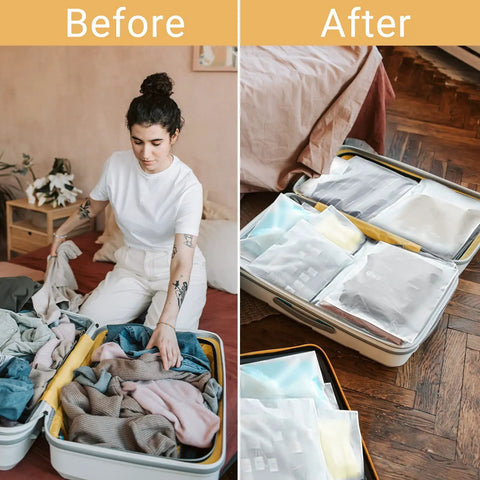 Woman organizing clothes in suitcase with Bulk Pack 100 Count 10 By 13 Inch Frosted Zipper Plastic Bags For Clothing With Vent Holes After photo.