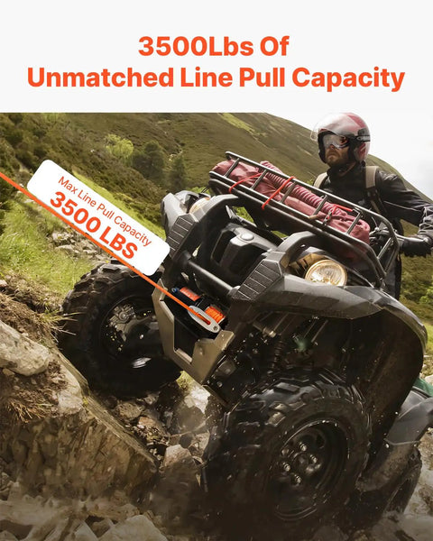VEVOR 3500 Lb Electric Winch 12V DC For Boat Pickup Truck on ATV with 3500 lbs line pull capacity in rugged terrain.