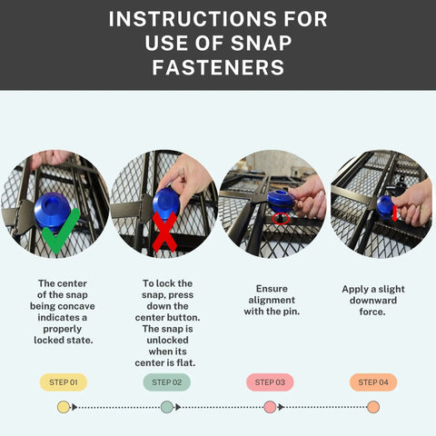 Instructions for using snap fasteners on 60 Inch Folding Hitch Mount Cargo Carrier Basket 500 Lb Capacity, showing each step.