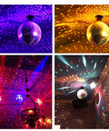 8 Inch Hanging Disco Ball For Party Wedding Holiday Or Home Decor With Tiny Mirror Squares reflects colorful lights in various settings.